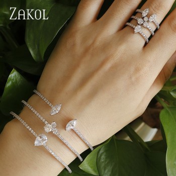 ZAKOL New Arrival Round Shape Exquisite Micro Pave Cuff Bracelets Bangle amp; Open Ring Set For Women Men Jewelry Bijoux FSSP394