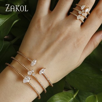 ZAKOL New Arrival Round Shape Exquisite Micro Pave Cuff Bracelets Bangle amp; Open Ring Set For Women Men Jewelry Bijoux FSSP394