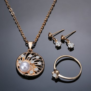 gold Jewelry Set Simulated Pearl Pendant Necklace Earring Ring jewelry Set for women bride wedding jewelry