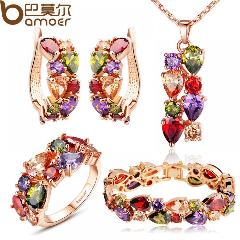 BAMOER Luxury Gold Color Mona Lisa Jewelry Sets with Multicolor AAA Cubic Zircon for Women Wedding Bridal Jewelry Sets ZH036