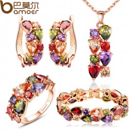 BAMOER Luxury Gold Color Mona Lisa Jewelry Sets with Multicolor AAA Cubic Zircon for Women Wedding Bridal Jewelry Sets ZH036