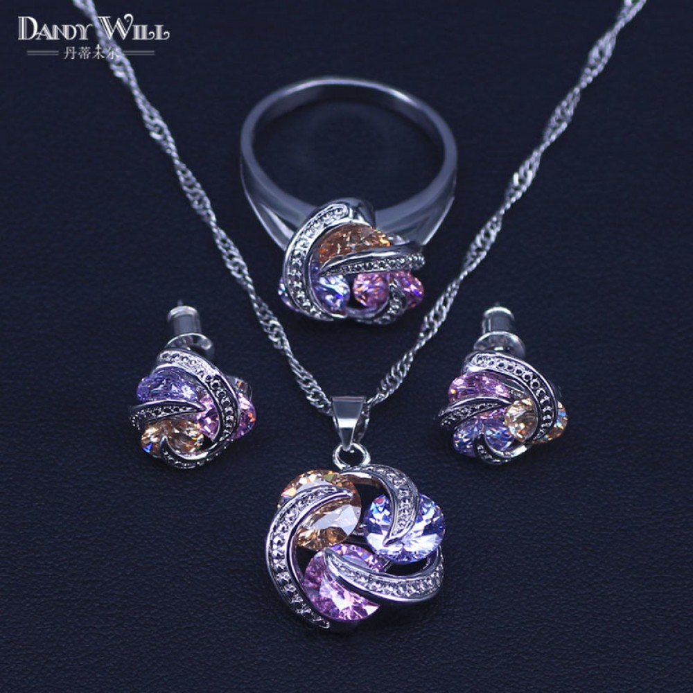 Promotion Free Ship Colorful Jewelry Sets Cubic Zirconia CZ Stone 925 Sterling Silver Earrings Necklaces Finger Rings