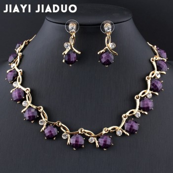 Jiayijiaduo Bridal Jewelry Sets for Women Banquet Dress Accessories Resin Purple Necklace Earrings Gold Color Necklace
