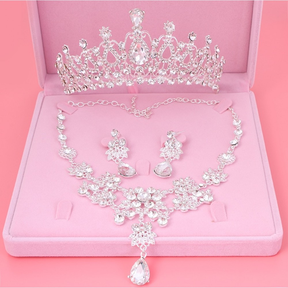 Fashion Silver Crystal Bridal Jewelry Sets For Bride Women Rhinestone Bijoux Necklace Earrings Crown Wedding Jewelry Accessories