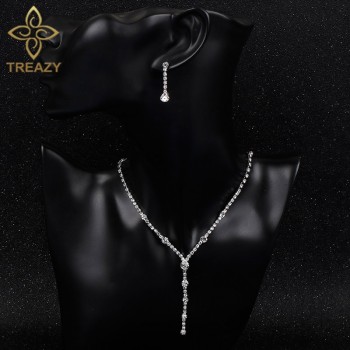 TREAZY Silver Plated Rhinestone Crystal Long Drop Necklace Earrings Set for Women Bridesmaid Bridal Wedding Jewelry Sets