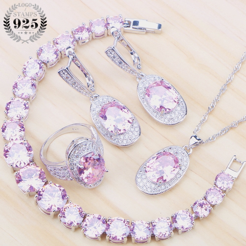 Costume Bridal Jewelry Sets Women Pink Cubic Zirconia Silver 925 Jewelry With Stone Earrings Bracelet Rings Pendant Necklace Set