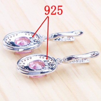 Costume Bridal Jewelry Sets Women Pink Cubic Zirconia Silver 925 Jewelry With Stone Earrings Bracelet Rings Pendant Necklace Set