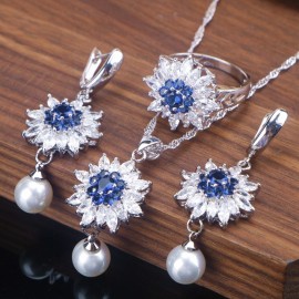 Pearl zirconia Jewelry Sets silver 925 Ring Pendant Necklace Earrings For Women 3 Colors Designer jewelry Set Gift Box