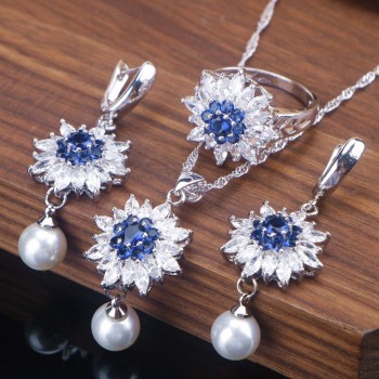Pearl zirconia Jewelry Sets silver 925 Ring Pendant Necklace Earrings For Women 3 Colors Designer jewelry Set Gift Box