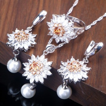 Pearl zirconia Jewelry Sets silver 925 Ring Pendant Necklace Earrings For Women 3 Colors Designer jewelry Set Gift Box