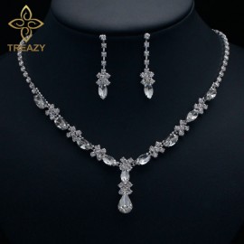 TREAZY Beautiful Clear Crystal Wedding Bridal Jewelry Set Floral Waterdrop Necklace Earrings Set for Women Accessories