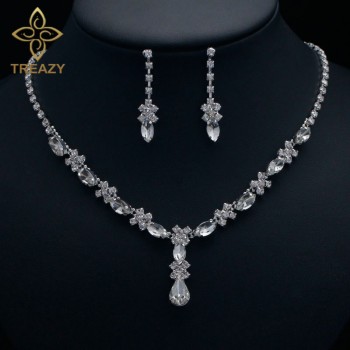 TREAZY Beautiful Clear Crystal Wedding Bridal Jewelry Set Floral Waterdrop Necklace Earrings Set for Women Accessories