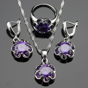 WPAITKYS Flower Purple Cubic Zirconia Silver Color Jewelry Sets For Women Earrings Pendant Necklace Rings Free Gift Box