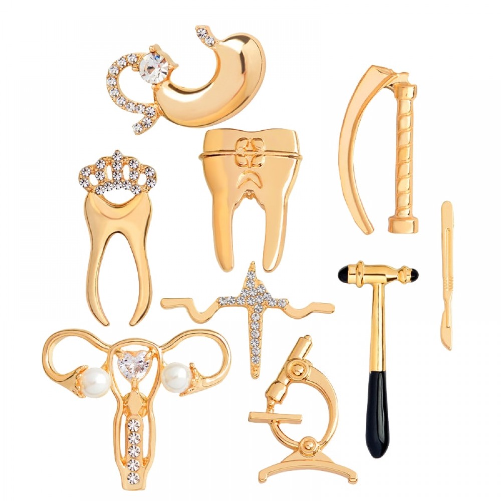 Crystal uterus microscope Gold Silver jewelry Medical brooches Collection scalpel stomach tooth pins for Doctor friend