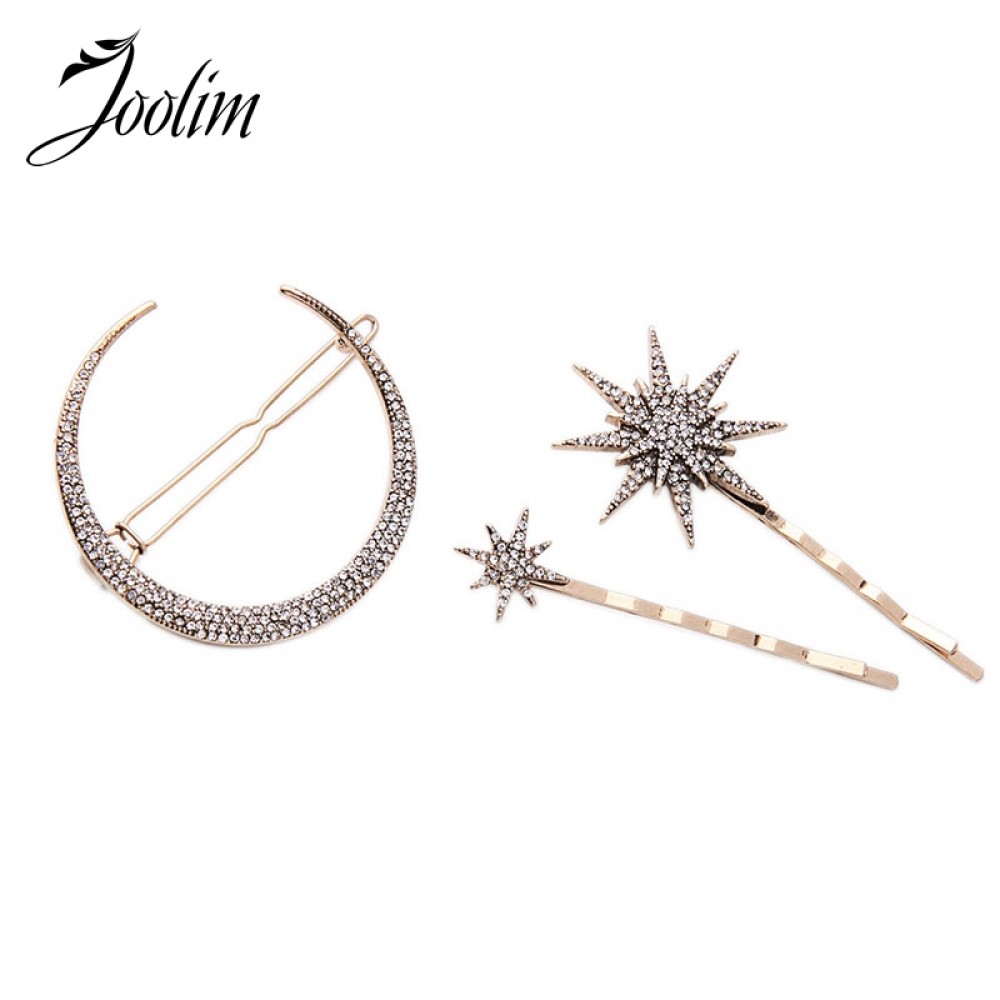 JOOLIM Jewelry Wholesale 3PCS/ Set  Starburst Pave Moon Hair Pin Star  Hair Clip Barrettes Jewelry  Nickel and Lead Free