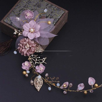 High end copper wire handmade pink flowers golden leaves bridal headdress soft bride tiara de noiva wedding hair accessories