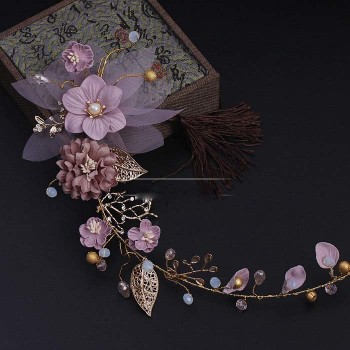High end copper wire handmade pink flowers golden leaves bridal headdress soft bride tiara de noiva wedding hair accessories