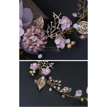 High end copper wire handmade pink flowers golden leaves bridal headdress soft bride tiara de noiva wedding hair accessories