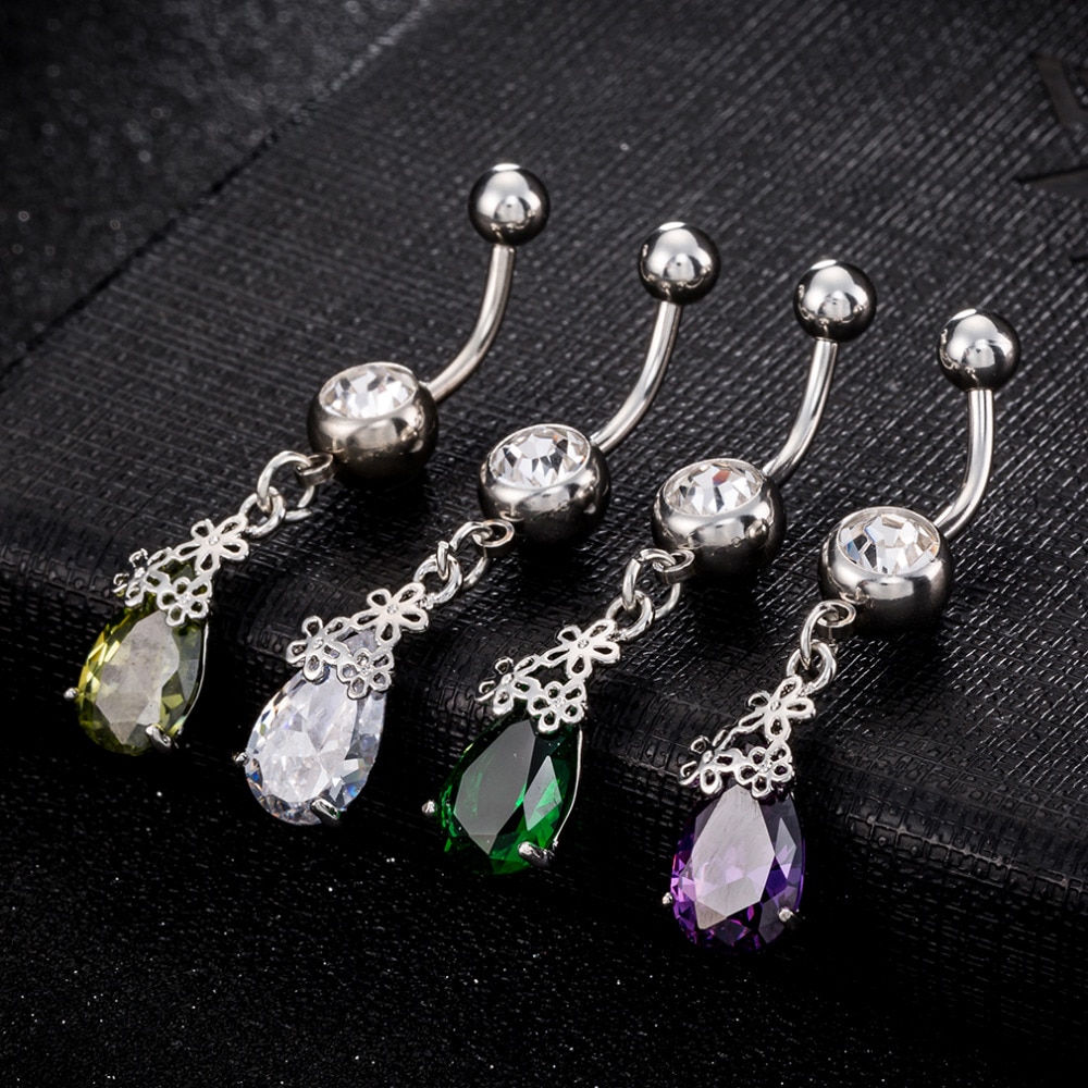 High Quality Piercing Navel and Bell Button Rings AAA Cubic Zirconia Oval Stone Fashion Body Jewelry Flower Bar Bell Button Ring