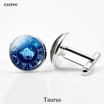 12 Zodiac Signs Glass Cabochon Cufflinks Silver Metal Constellations Cuff Link for Men Shirt Accessories Valentines Day Gifts
