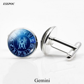12 Zodiac Signs Glass Cabochon Cufflinks Silver Metal Constellations Cuff Link for Men Shirt Accessories Valentines Day Gifts