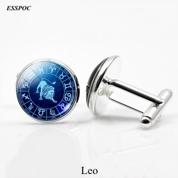 12 Zodiac Signs Glass Cabochon Cufflinks Silver Metal Constellations Cuff Link for Men Shirt Accessories Valentines Day Gifts