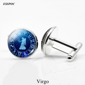 12 Zodiac Signs Glass Cabochon Cufflinks Silver Metal Constellations Cuff Link for Men Shirt Accessories Valentines Day Gifts