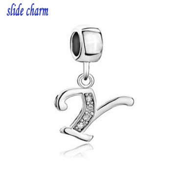 slide charm Free shipping  Letter Bracelet Charms InitialWhite Crystal M Dangle Alphabet European Bead  fit Pandora bracelet