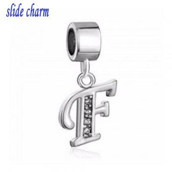 slide charm Free shipping  Letter Bracelet Charms InitialWhite Crystal M Dangle Alphabet European Bead  fit Pandora bracelet
