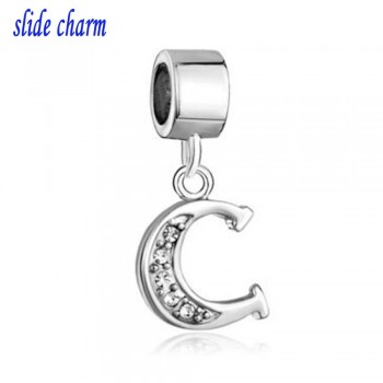 slide charm Free shipping  Letter Bracelet Charms InitialWhite Crystal M Dangle Alphabet European Bead  fit Pandora bracelet