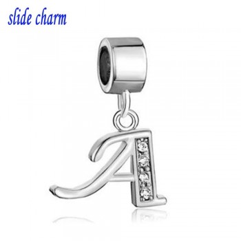 slide charm Free shipping  Letter Bracelet Charms InitialWhite Crystal M Dangle Alphabet European Bead  fit Pandora bracelet