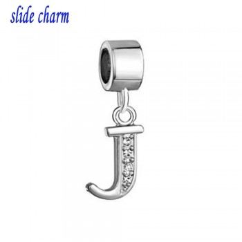 slide charm Free shipping  Letter Bracelet Charms InitialWhite Crystal M Dangle Alphabet European Bead  fit Pandora bracelet