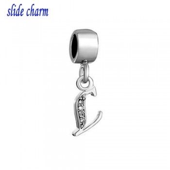 slide charm Free shipping  Letter Bracelet Charms InitialWhite Crystal M Dangle Alphabet European Bead  fit Pandora bracelet