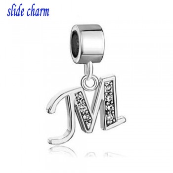 slide charm Free shipping  Letter Bracelet Charms InitialWhite Crystal M Dangle Alphabet European Bead  fit Pandora bracelet