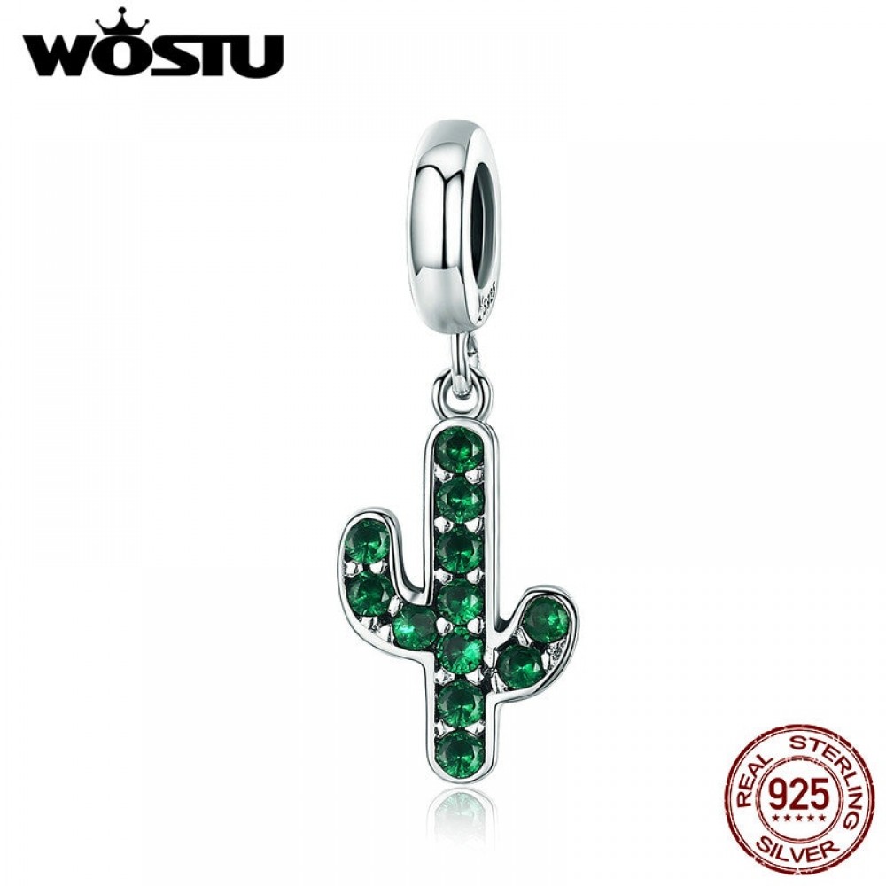 WOSTU 100% 925 Sterling Silver Strong Cactus Glittering Green CZ Pendant Charm fit Women Charm Bracelet DIY Jewelry FIC515