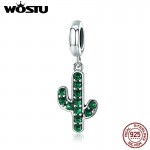 WOSTU 100% 925 Sterling Silver Strong Cactus Glittering Green CZ Pendant Charm fit Women Charm Bracelet DIY Jewelry FIC515