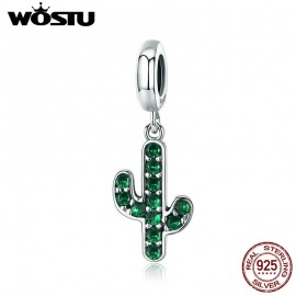WOSTU 100% 925 Sterling Silver Strong Cactus Glittering Green CZ Pendant Charm fit Women Charm Bracelet DIY Jewelry FIC515