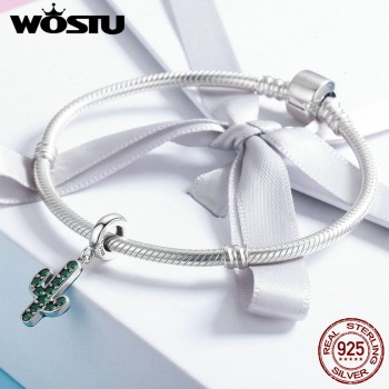 WOSTU 100% 925 Sterling Silver Strong Cactus Glittering Green CZ Pendant Charm fit Women Charm Bracelet DIY Jewelry FIC515