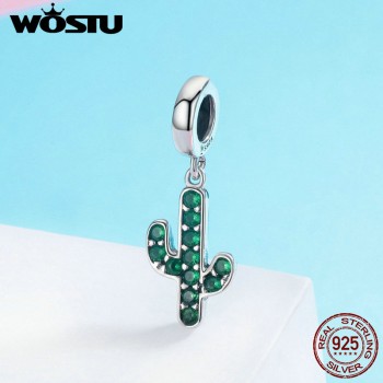 WOSTU 100% 925 Sterling Silver Strong Cactus Glittering Green CZ Pendant Charm fit Women Charm Bracelet DIY Jewelry FIC515