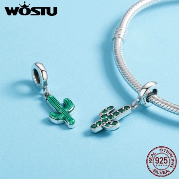 WOSTU 100% 925 Sterling Silver Strong Cactus Glittering Green CZ Pendant Charm fit Women Charm Bracelet DIY Jewelry FIC515