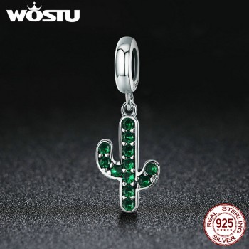WOSTU 100% 925 Sterling Silver Strong Cactus Glittering Green CZ Pendant Charm fit Women Charm Bracelet DIY Jewelry FIC515