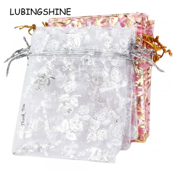 50pcs/lot Organza Gift Bags Strap Drawstring With Heart Flower Candy Pouches Wedding Party Birthday Jewelry Packaging  9*12 cm