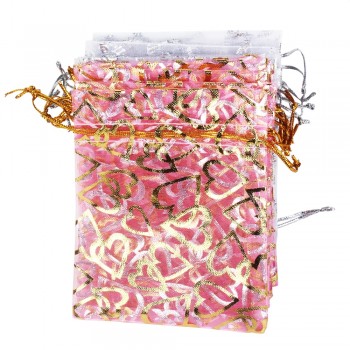 50pcs/lot Organza Gift Bags Strap Drawstring With Heart Flower Candy Pouches Wedding Party Birthday Jewelry Packaging  9*12 cm