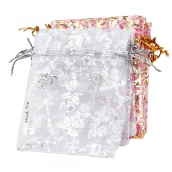 50pcs/lot Organza Gift Bags Strap Drawstring With Heart Flower Candy Pouches Wedding Party Birthday Jewelry Packaging  9*12 cm