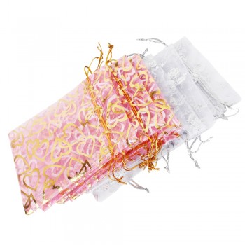 50pcs/lot Organza Gift Bags Strap Drawstring With Heart Flower Candy Pouches Wedding Party Birthday Jewelry Packaging  9*12 cm
