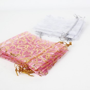50pcs/lot Organza Gift Bags Strap Drawstring With Heart Flower Candy Pouches Wedding Party Birthday Jewelry Packaging  9*12 cm