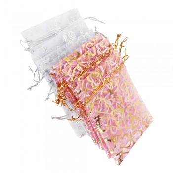 50pcs/lot Organza Gift Bags Strap Drawstring With Heart Flower Candy Pouches Wedding Party Birthday Jewelry Packaging  9*12 cm