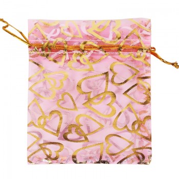 50pcs/lot Organza Gift Bags Strap Drawstring With Heart Flower Candy Pouches Wedding Party Birthday Jewelry Packaging  9*12 cm