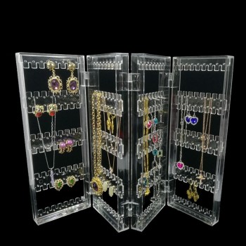 Fashion Foldable Clear Acrylic Jewelry Organizer Holder Makeup 4 Panel 256 Holes Earring Stud Necklace Case Cabinet Stand Shelf