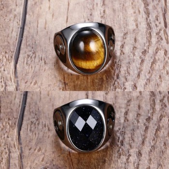 Vintage Men Boy Oval Tiger Eye Brown Stones with Yin Yang Symbol Ring in Stainless Steel Jewelry Mens Accessories Anel Aneis